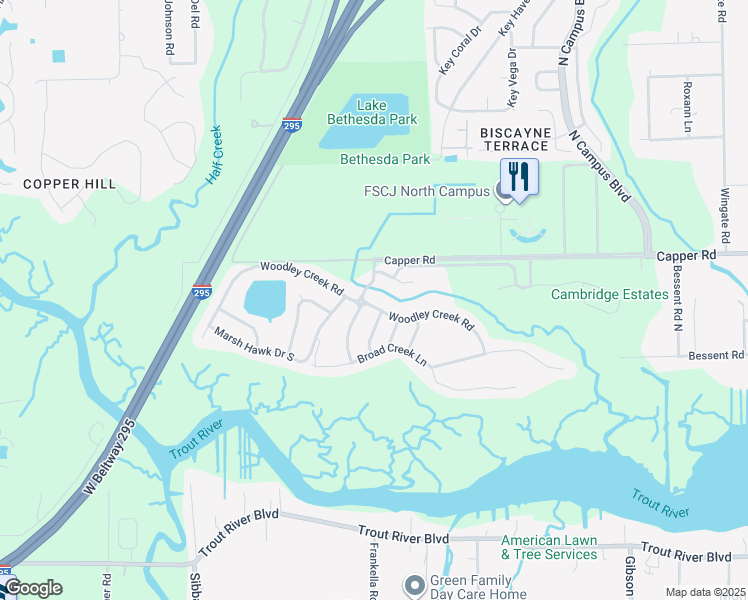 map of restaurants, bars, coffee shops, grocery stores, and more near 4259 Woodley Creek Road in Jacksonville