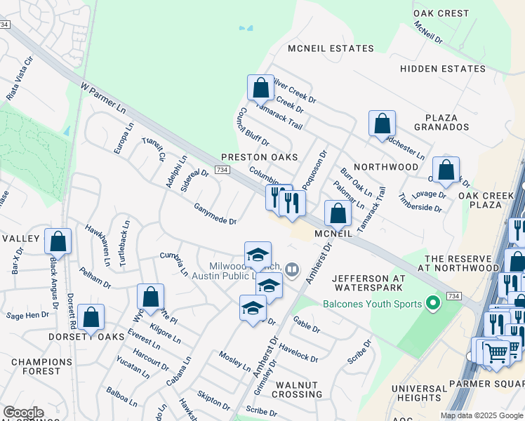 map of restaurants, bars, coffee shops, grocery stores, and more near 4201 West Parmer Lane in Austin
