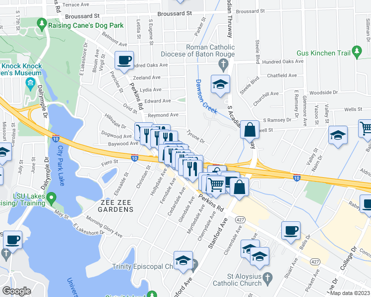 map of restaurants, bars, coffee shops, grocery stores, and more near 3108 South Eugene Street in Baton Rouge