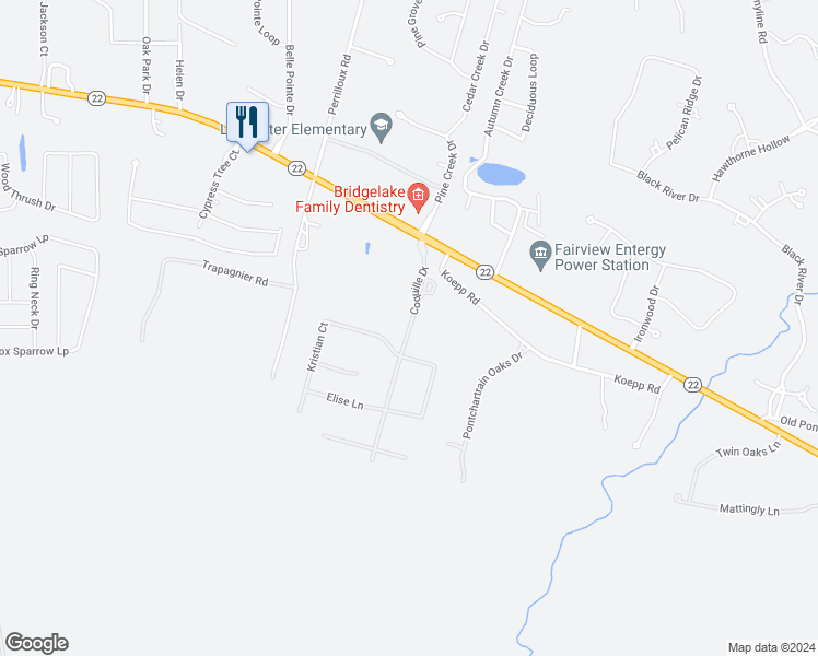 map of restaurants, bars, coffee shops, grocery stores, and more near Coquille Drive in Madisonville