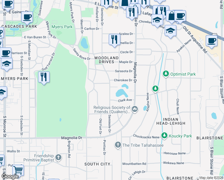 map of restaurants, bars, coffee shops, grocery stores, and more near 1609 Seminole Dr in Tallahassee