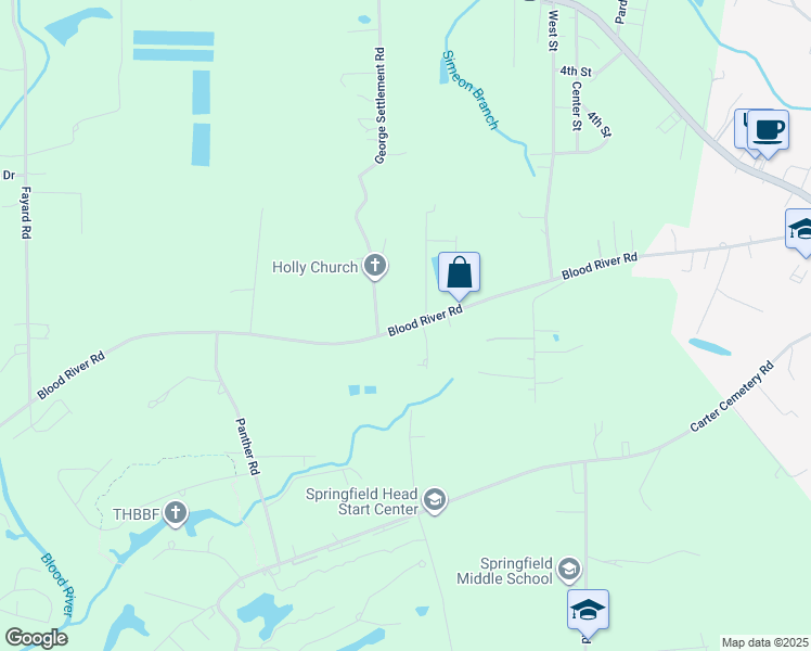 map of restaurants, bars, coffee shops, grocery stores, and more near 24815 Blood River Road in Springfield