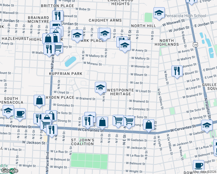 map of restaurants, bars, coffee shops, grocery stores, and more near 1120 W Lloyd St in Pensacola