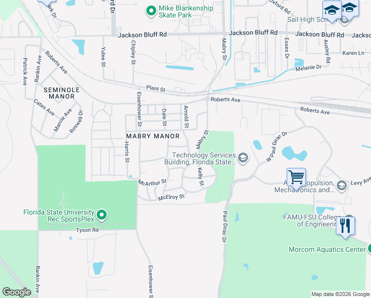 map of restaurants, bars, coffee shops, grocery stores, and more near 1624 Kelly Street in Tallahassee
