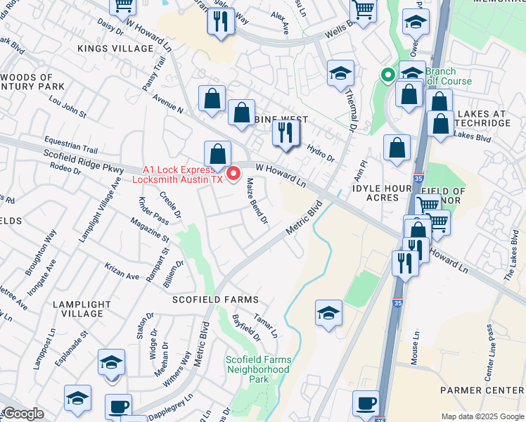 map of restaurants, bars, coffee shops, grocery stores, and more near 2012 Maize Bend Drive in Austin