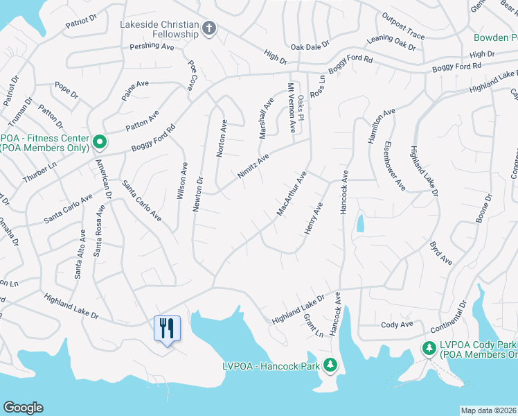 map of restaurants, bars, coffee shops, grocery stores, and more near 20909 Magellan Cove in Lago Vista