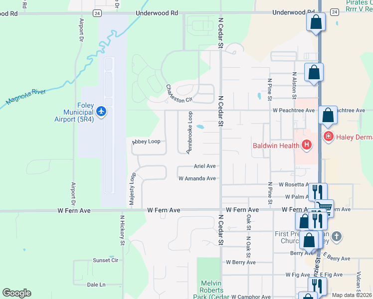 map of restaurants, bars, coffee shops, grocery stores, and more near 122 Pennbrooke Loop in Foley
