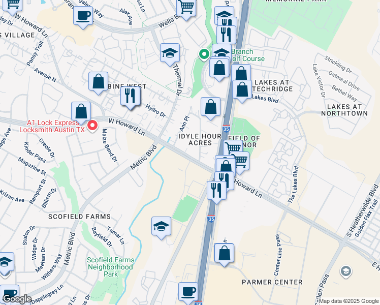 map of restaurants, bars, coffee shops, grocery stores, and more near 1422 West Howard Lane in Austin