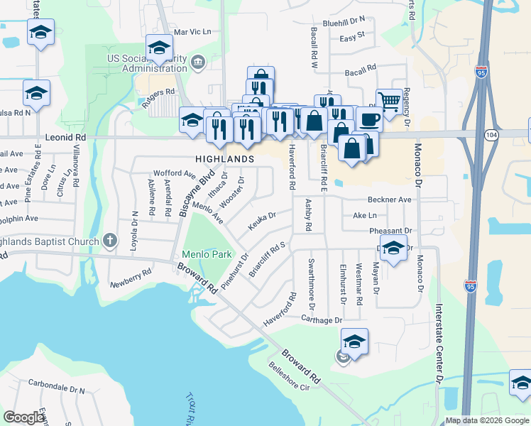 map of restaurants, bars, coffee shops, grocery stores, and more near 10472 Keuka Drive in Jacksonville