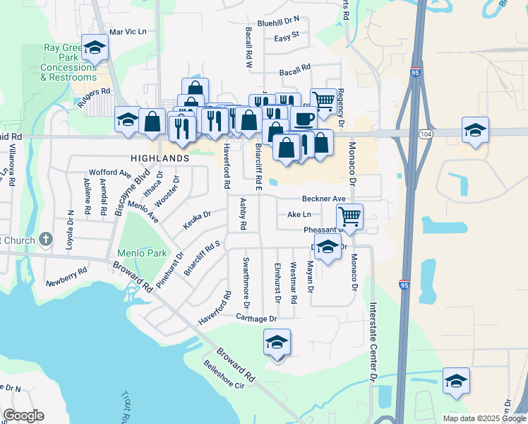 map of restaurants, bars, coffee shops, grocery stores, and more near 10548 East Briarcliff Road in Jacksonville