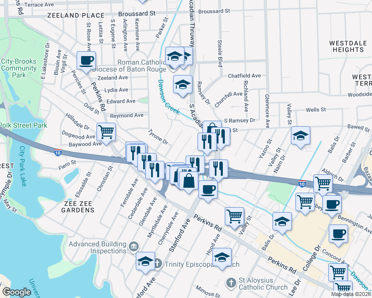 map of restaurants, bars, coffee shops, grocery stores, and more near 2479 Rhododendron Avenue in Baton Rouge