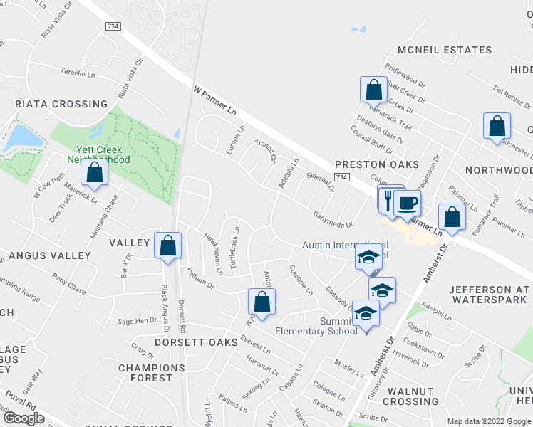 map of restaurants, bars, coffee shops, grocery stores, and more near 4611 Adelphi Lane in Austin