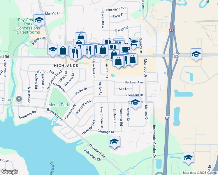 map of restaurants, bars, coffee shops, grocery stores, and more near 10548 East Briarcliff Road in Jacksonville