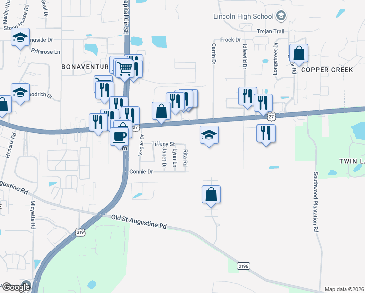 map of restaurants, bars, coffee shops, grocery stores, and more near 3261 Tiffany Street in Tallahassee