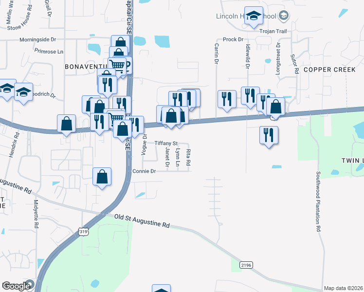 map of restaurants, bars, coffee shops, grocery stores, and more near 3261 Tiffany Street in Tallahassee