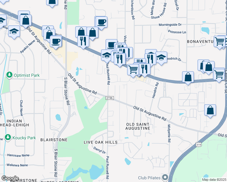 map of restaurants, bars, coffee shops, grocery stores, and more near 1315 Paul Russell Road in Tallahassee