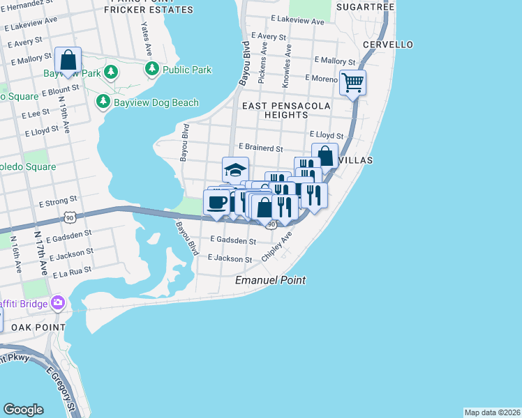 map of restaurants, bars, coffee shops, grocery stores, and more near 3009 East Strong Street in Pensacola