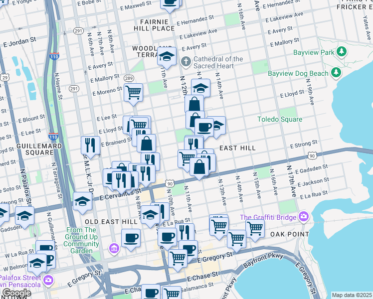 map of restaurants, bars, coffee shops, grocery stores, and more near 1108 East De Soto Street in Pensacola