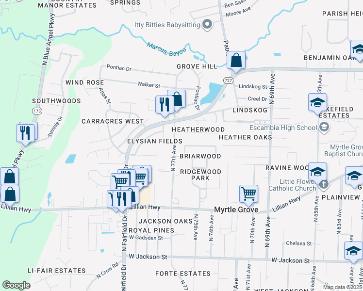 map of restaurants, bars, coffee shops, grocery stores, and more near 7300 Sachem Road in Pensacola