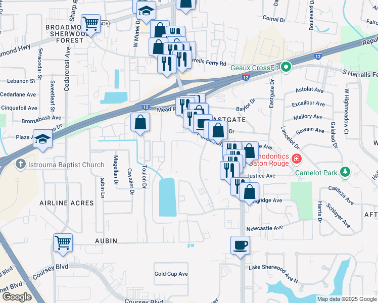 map of restaurants, bars, coffee shops, grocery stores, and more near Maison Deville Ave in Baton Rouge