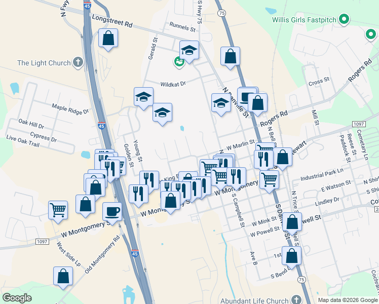map of restaurants, bars, coffee shops, grocery stores, and more near 105 Turner Drive in Willis