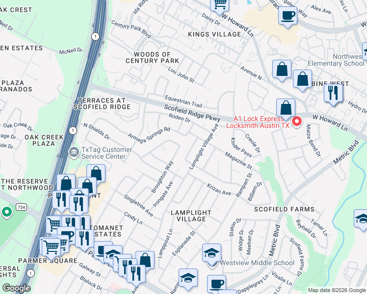 map of restaurants, bars, coffee shops, grocery stores, and more near 13132 Kellies Farm Lane in Austin