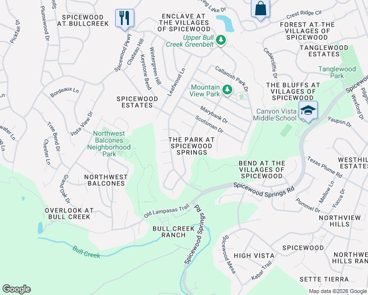 map of restaurants, bars, coffee shops, grocery stores, and more near 10551 Tweedsmuir Drive in Austin