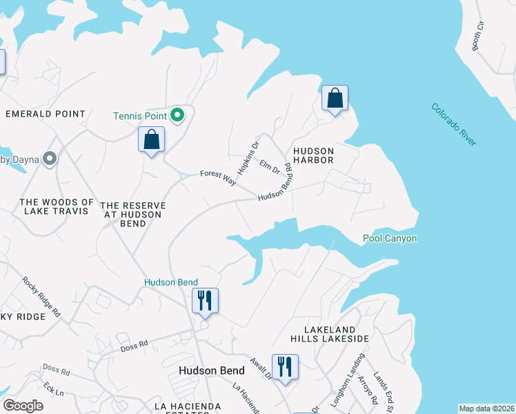 map of restaurants, bars, coffee shops, grocery stores, and more near 6111 Hudson Bend Road in Austin