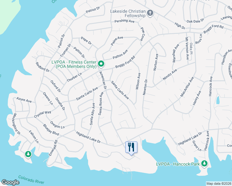 map of restaurants, bars, coffee shops, grocery stores, and more near 21304 Santa Rosa Avenue in Lago Vista