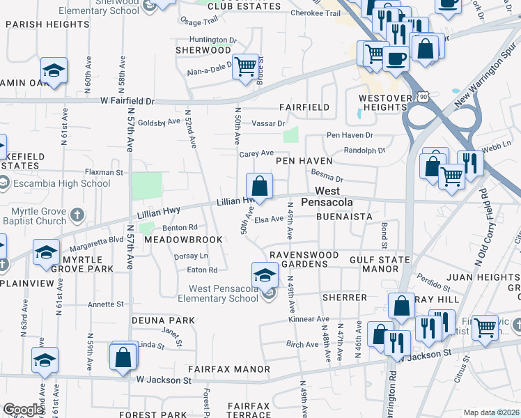 map of restaurants, bars, coffee shops, grocery stores, and more near 4923 Lillian Highway in Pensacola