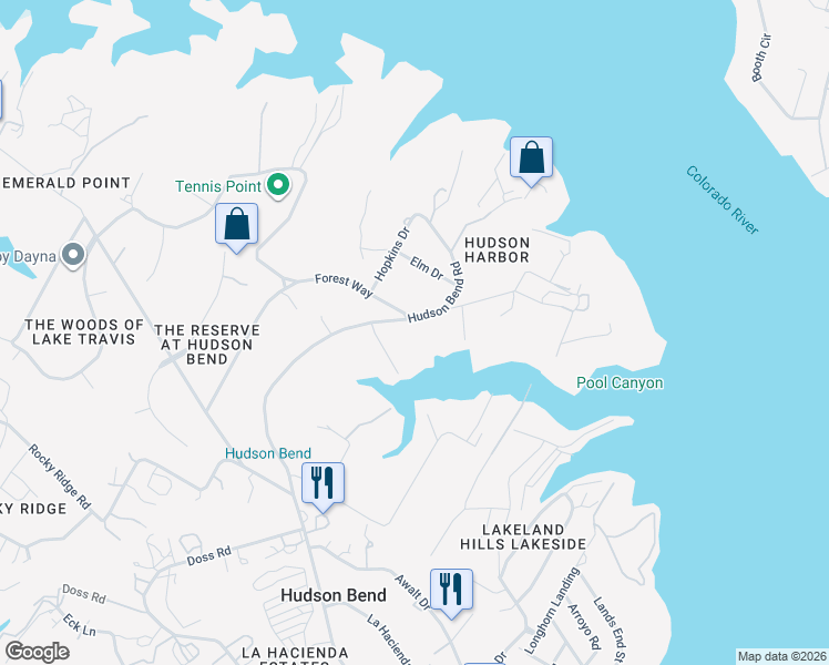 map of restaurants, bars, coffee shops, grocery stores, and more near 6111 Hudson Bend Road in Austin