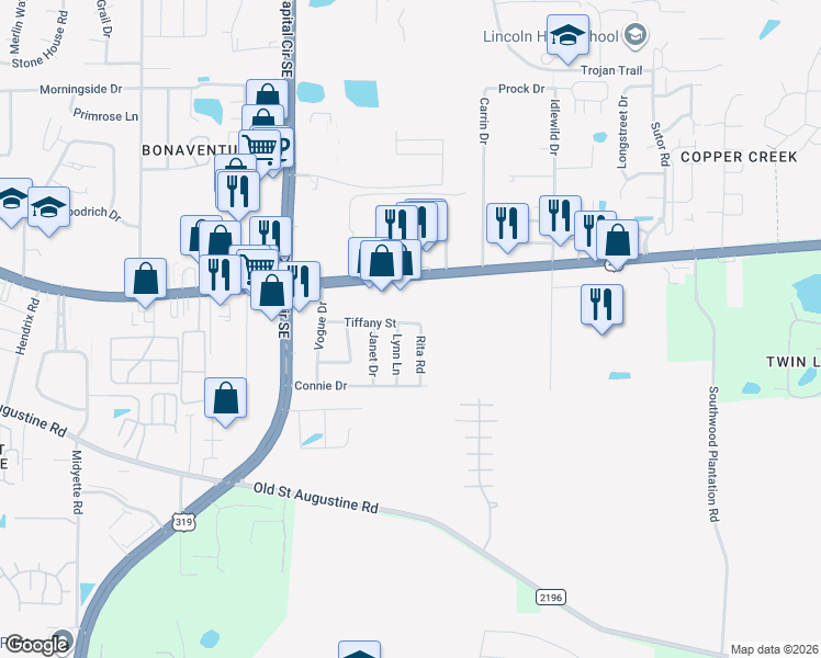 map of restaurants, bars, coffee shops, grocery stores, and more near 3261 Tiffany Street in Tallahassee