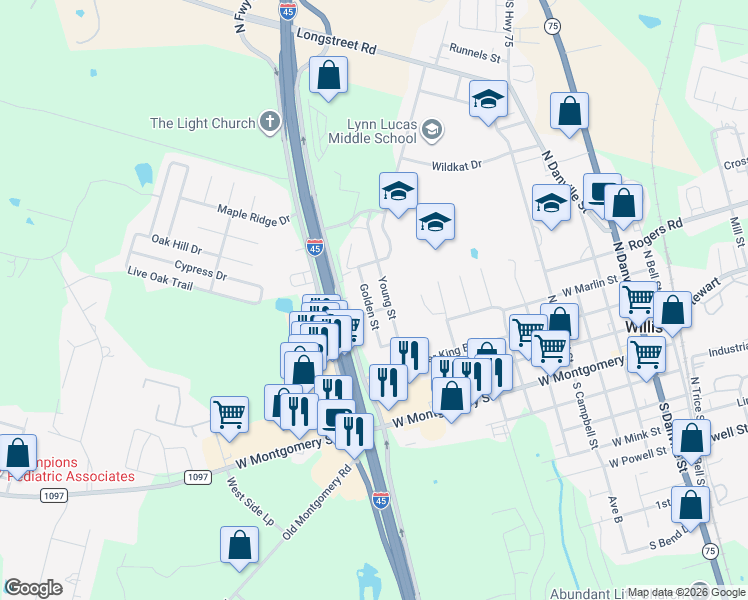 map of restaurants, bars, coffee shops, grocery stores, and more near 500 Golden Street in Willis