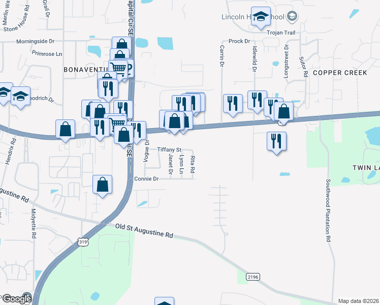 map of restaurants, bars, coffee shops, grocery stores, and more near 3261 Tiffany Street in Tallahassee