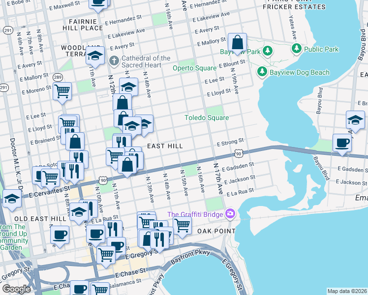 map of restaurants, bars, coffee shops, grocery stores, and more near 1516 East Strong Street in Pensacola