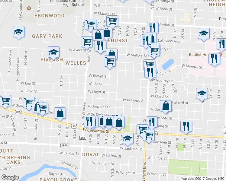 map of restaurants, bars, coffee shops, grocery stores, and more near 2506 W Lloyd St in Pensacola