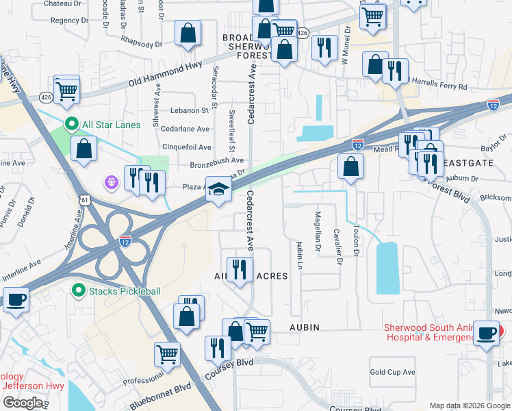 map of restaurants, bars, coffee shops, grocery stores, and more near 2767 Cedarcrest Avenue in Baton Rouge