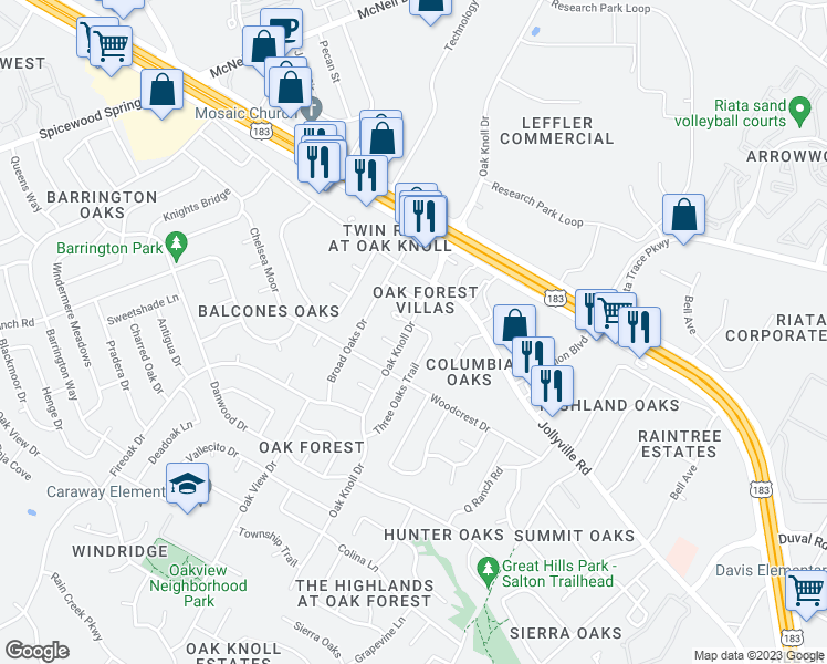 map of restaurants, bars, coffee shops, grocery stores, and more near 11807 Oak Knoll Drive in Austin
