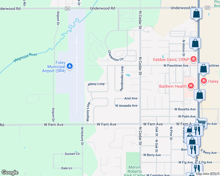 map of restaurants, bars, coffee shops, grocery stores, and more near 1736 Abbey Loop in Foley