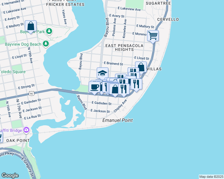map of restaurants, bars, coffee shops, grocery stores, and more near 3001 East Strong Street in Pensacola