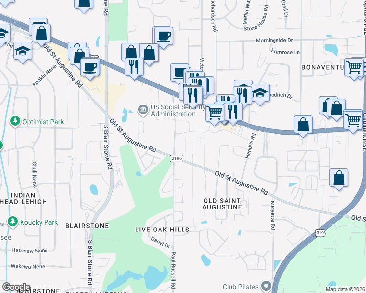map of restaurants, bars, coffee shops, grocery stores, and more near 1344 Castelnau Court in Tallahassee