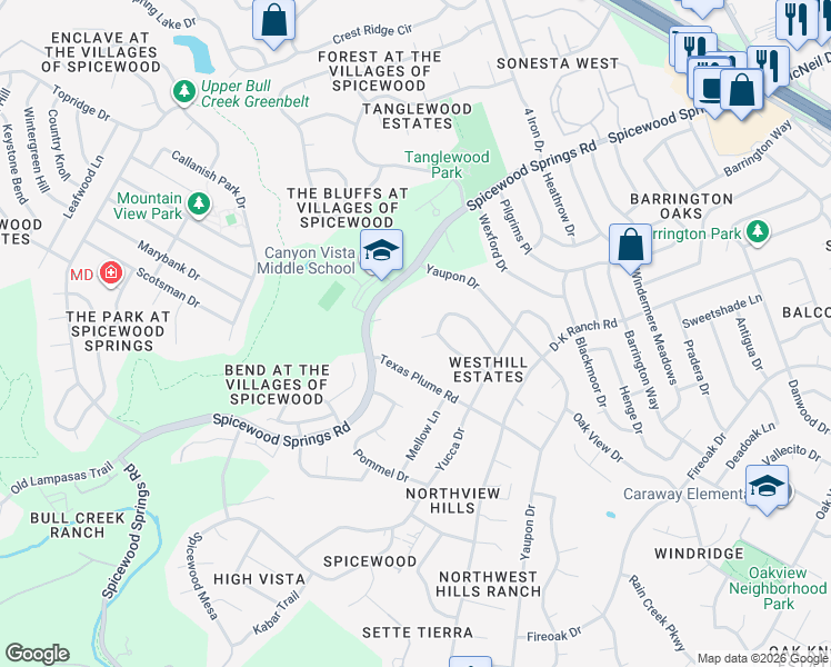 map of restaurants, bars, coffee shops, grocery stores, and more near 8310 Cliffsage Avenue in Austin