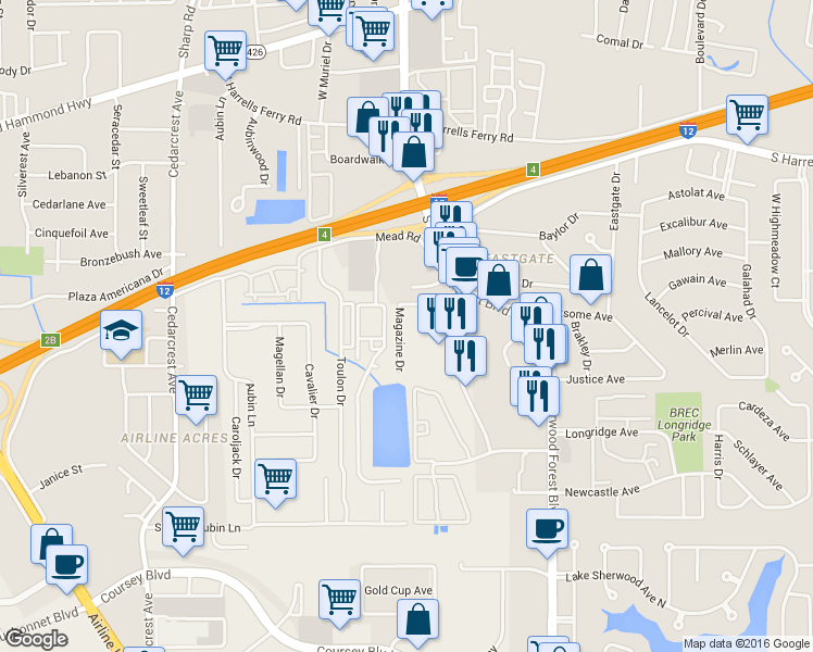 map of restaurants, bars, coffee shops, grocery stores, and more near 2845 Magazine Drive in Baton Rouge