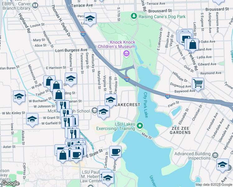 map of restaurants, bars, coffee shops, grocery stores, and more near 2329 Carolina Street in Baton Rouge