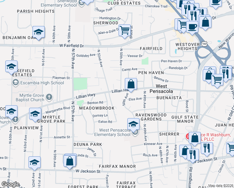 map of restaurants, bars, coffee shops, grocery stores, and more near 5015 Lillian Highway in Pensacola
