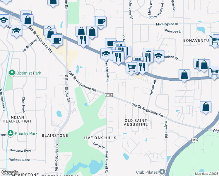 map of restaurants, bars, coffee shops, grocery stores, and more near 1315 Paul Russell Road in Tallahassee