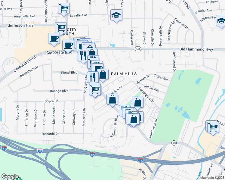 map of restaurants, bars, coffee shops, grocery stores, and more near 8013 Brandon Drive in Baton Rouge