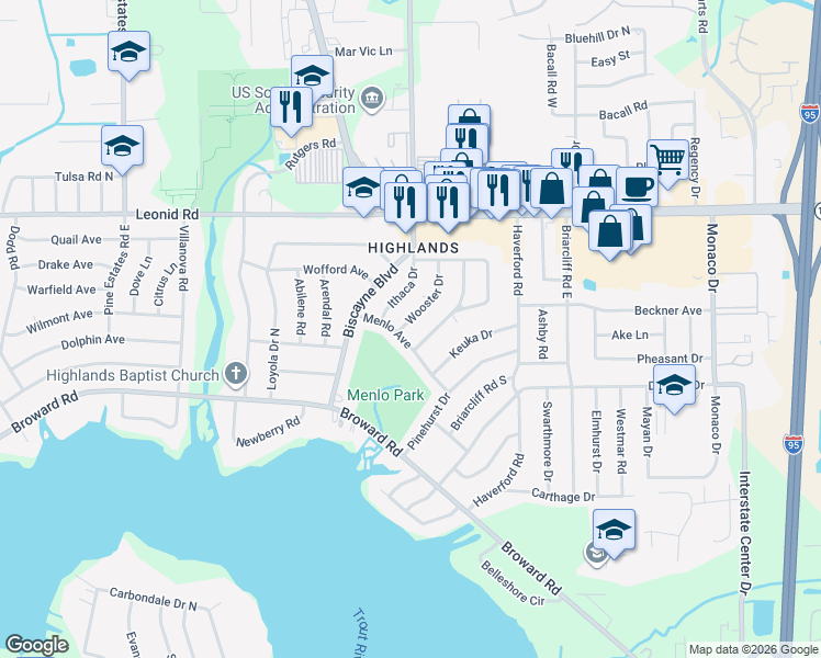 map of restaurants, bars, coffee shops, grocery stores, and more near 10409 Wooster Drive in Jacksonville