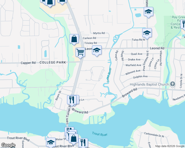 map of restaurants, bars, coffee shops, grocery stores, and more near 10535 Lem Turner Road in Jacksonville