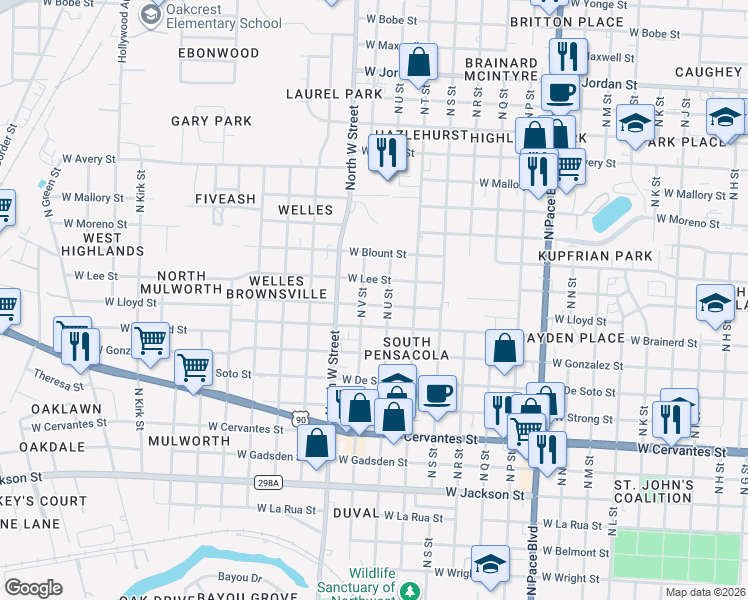 map of restaurants, bars, coffee shops, grocery stores, and more near 2706 West Lloyd Street in Pensacola